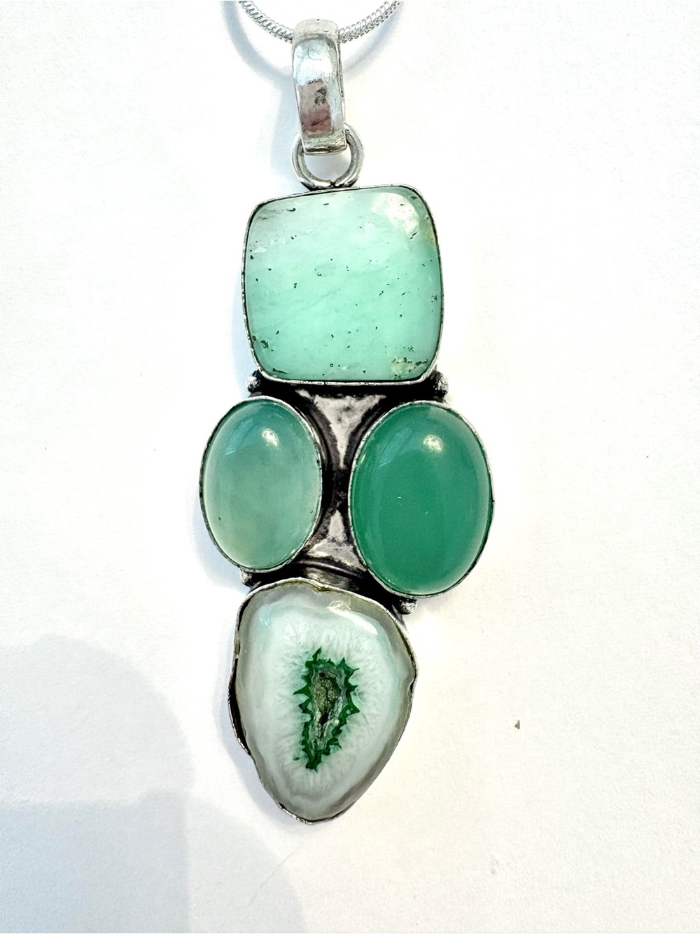 Gorgeous Solar Agate and Green Onyx pendant on a silver chain.